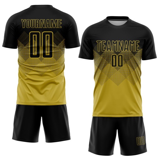 Benutzerdefiniertes Fußballtrikot mit Sublimationsdruck in Altgold und Schwarz Benutzerdefiniertes Fußballtrikot mit Sublimationsdruck in Altgold und Schwarz