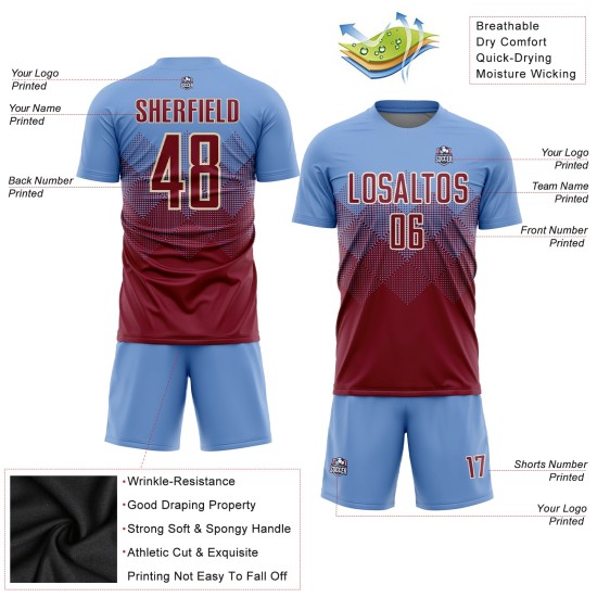 Benutzerdefiniertes hellblaues purpurrotes und cremefarbenes Sublimations-Fußballtrikot