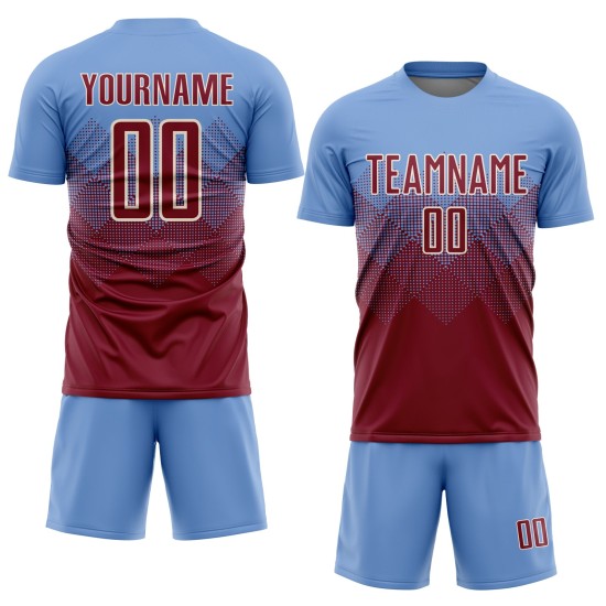 Benutzerdefiniertes hellblaues purpurrotes und cremefarbenes Sublimations-Fußballtrikot