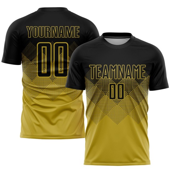 Benutzerdefiniertes Fußballtrikot mit Sublimationsdruck in Altgold und Schwarz Benutzerdefiniertes Fußballtrikot mit Sublimationsdruck in Altgold und Schwarz