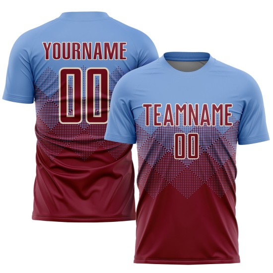 Benutzerdefiniertes hellblaues purpurrotes und cremefarbenes Sublimations-Fußballtrikot
